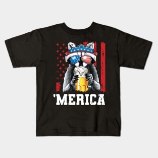 4th of July Patriotic Raccoon Merica USA Flag Drinking Team Kids T-Shirt